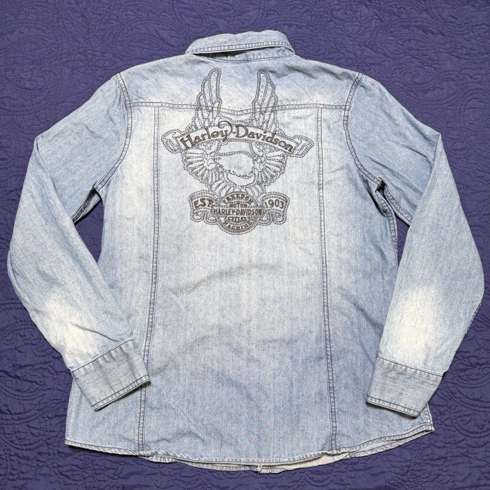 Harley-Davidson Womens XL Denim Western Snap Shirt Embroidered Eagle Light Wash